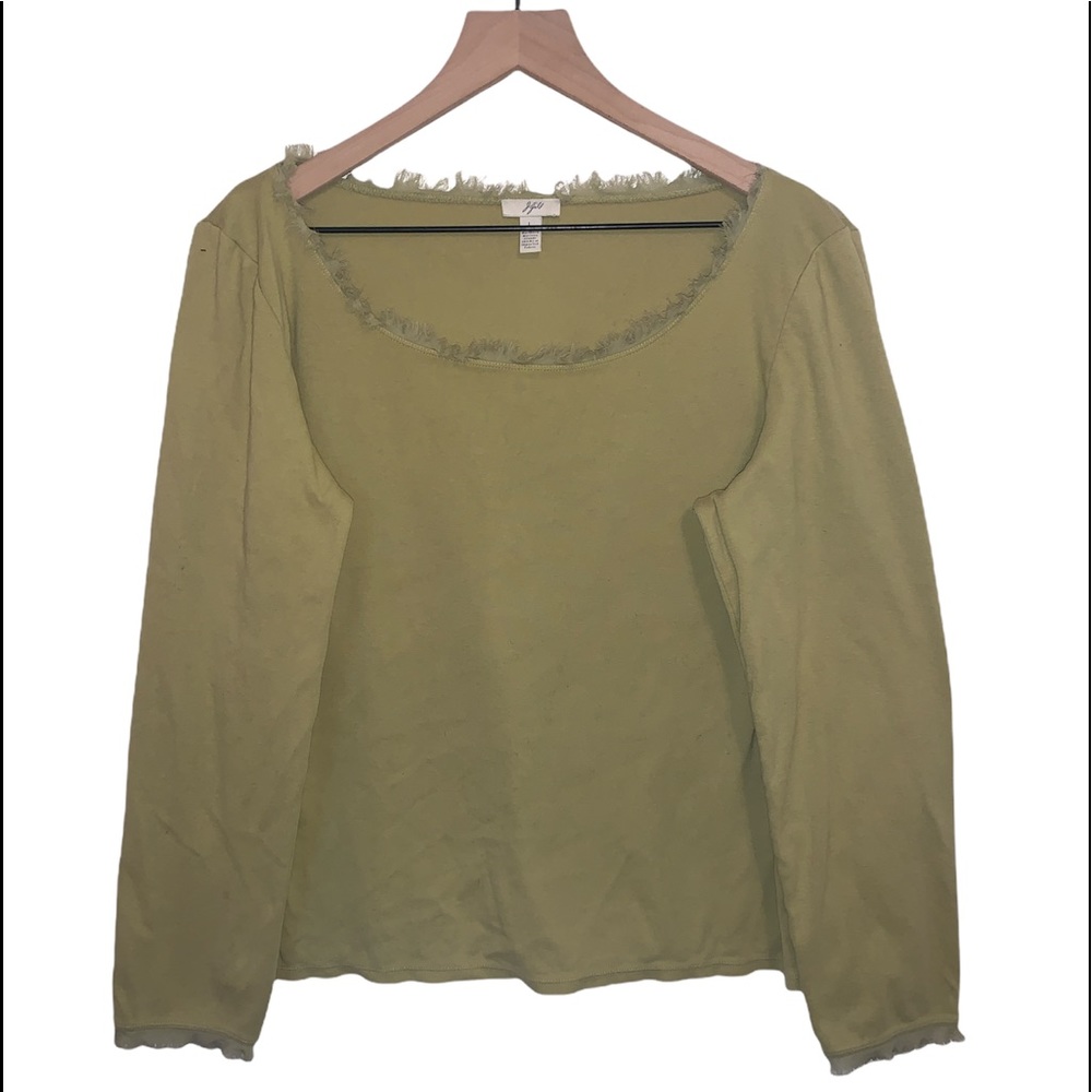 J. Jill Green Long Sleeve Frayed Detailed Basic Cotton and Silk Large L Top